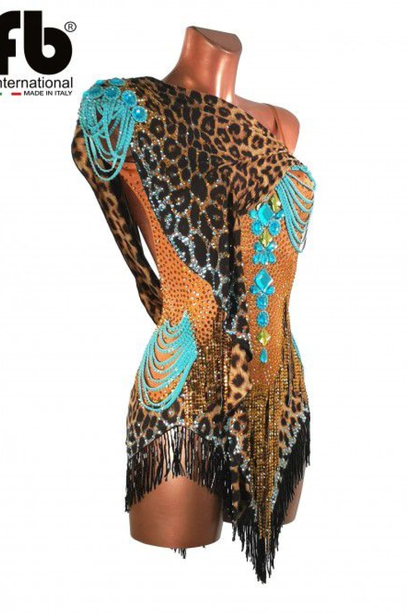 Leopard and turquoise latin dress with beads